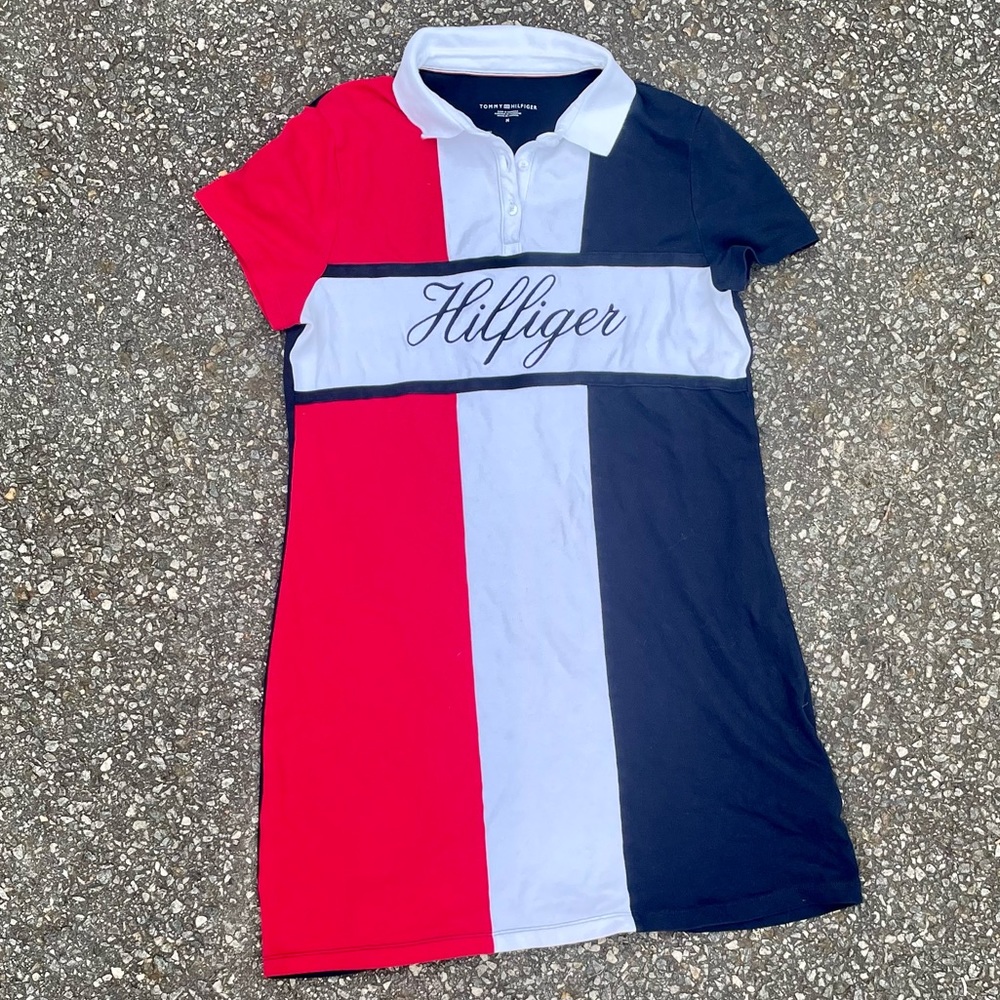 Tommy Hilfiger shirt dress red white and blue minidress size M preppy summer
